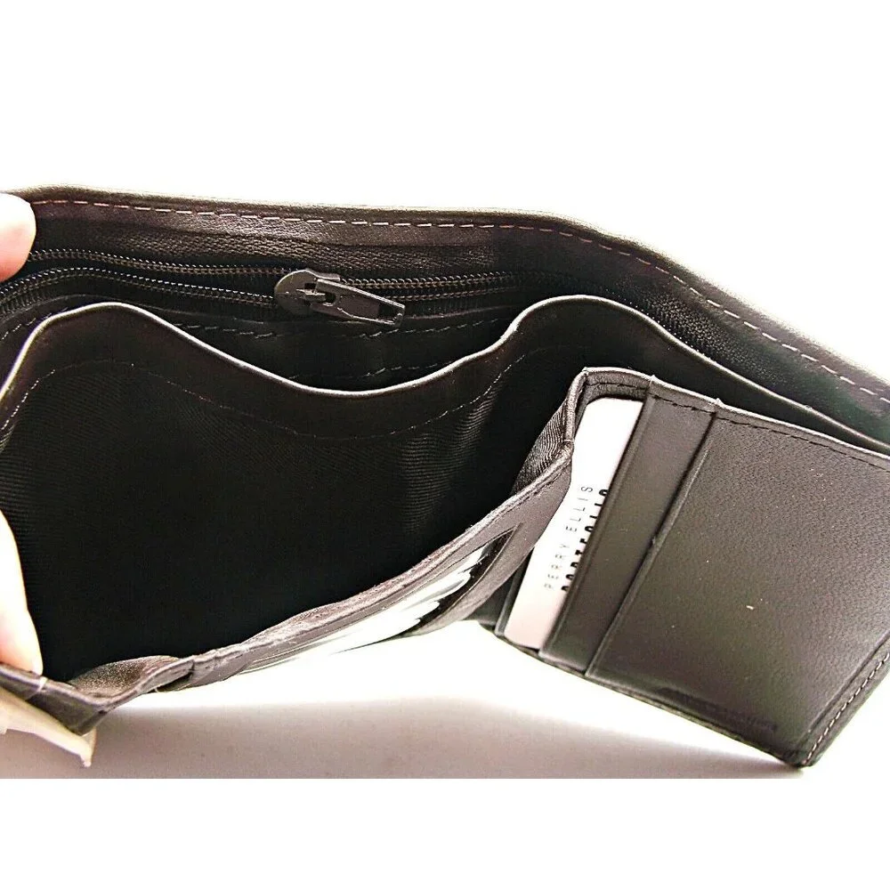 NEW Perry Ellis Brown Leather Billfold Wallet Interior Security Zipper Trifold